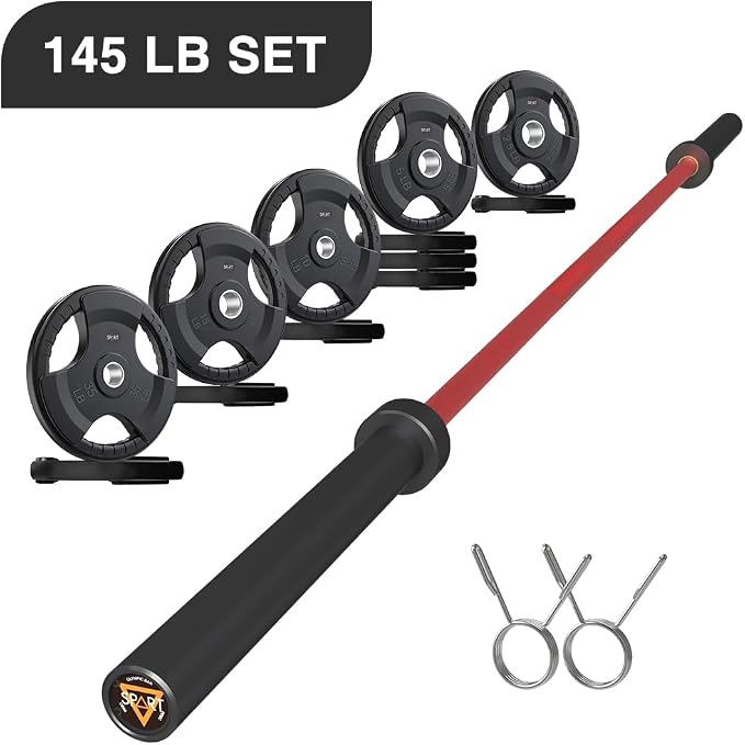 7FT Olympic Barbell Bar with Weight Plate Set Combo, Solid Olympic Bar with Bearings, 700Lbs Capacity Weight Bar for Home Gym Strength Training, Weightlifting, Powerlifting, Fit for 2" Olympic Plates
