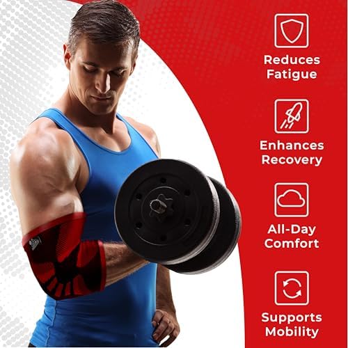 Elbow Compression Sleeves (1 Pair) - Elbow Brace for Tendonitis, Tennis & Golfers Elbow - Weightlifting Support for Men & Women - Pain Relief & Joint Recovery (2, Inferno Red, X-Large)