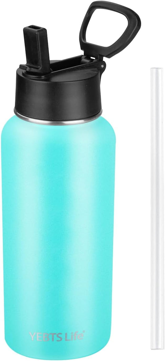 Insulated Water Bottle With Straw,32 oz Vacuum Insulated Stainless Steel Sports Water Flask,Keeps Cold and Hot,Metal Water Bottle Wide Mouth for Gym Travel Camping (Turquoise)