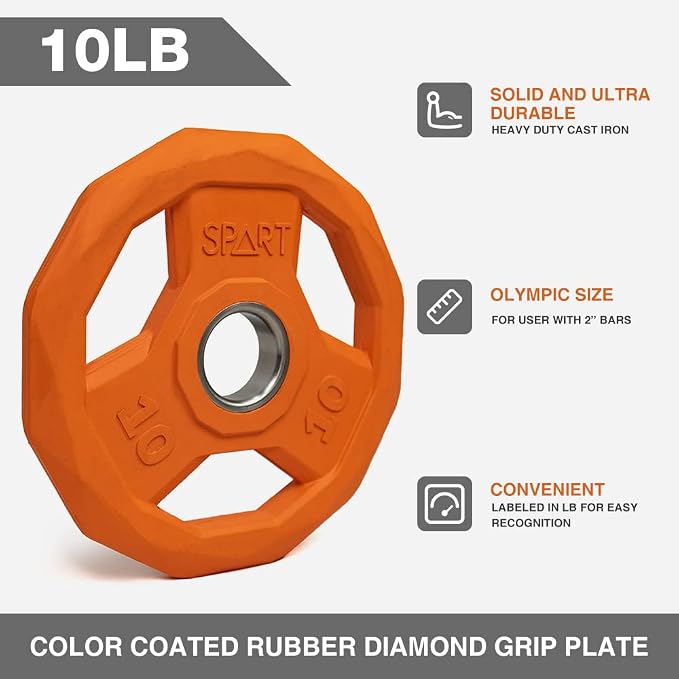 SPART Color Coded Weight Plate 2-Inch Rubber Coated Olympic Grip Plate for Barbell, Solid Cast Iron Weight Plates for Strength Training, Weightlifting, Crossfit, Home Gym, 2.5LB/5LB/10LB/25LB/35LB/45LB, Pair