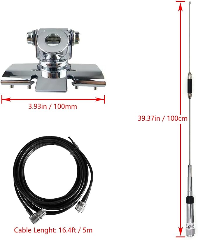 Mobile Radio Quad Band ANT-7900D Antenna 144/220/350/440MHz | for QYT KT-7900D Car Radio Includes RB400 Bracket Clip and 16.4FT Antenna Cable