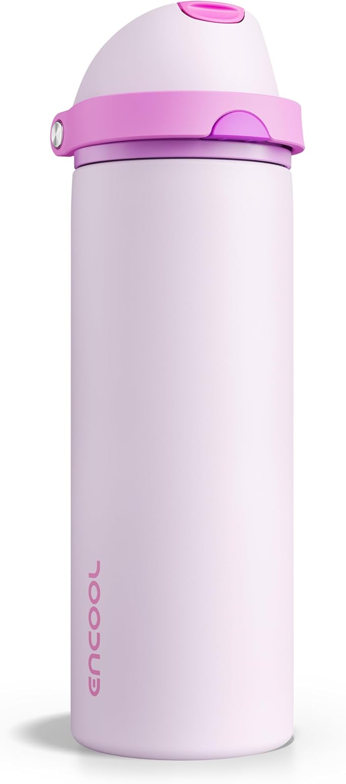 Insulated Water Bottle with Straw - Encool Stainless Steel Water Bottle with Push Button Lid, Leak-Proof & BPA-Free, Keeps Cold for 24 Hours for Sports, Travel, Gym (24 oz, Thistle-Fuchsia)