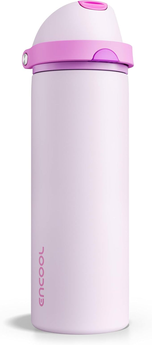 Insulated Water Bottle with Straw - Encool Stainless Steel Water Bottle with Push Button Lid, Leak-Proof & BPA-Free, Keeps Cold for 24 Hours for Sports, Travel, Gym (24 oz, Thistle-Fuchsia)