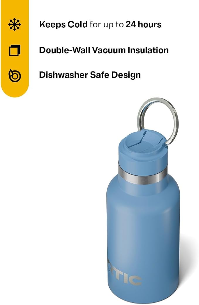 RTIC Little Journey Water Bottle with Straw, Ceramic-Lined, Insulated, Stainless Steel, Metal, Double Wall Vacuum-Insulation, Leak-Proof Lid, BPA-Free Water Flask for Sports, Travel, Denim