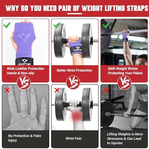 Weight Lifting Wrist Strap, Double-Layer Leather for Deadlift Powerlifting | Gym Strap with Adjustable Neoprene Padded Fit for 6.3–8 Inch Wrist, 8.07-Inch Leather Strap, Gym Workout Lifting Hook (Pair)