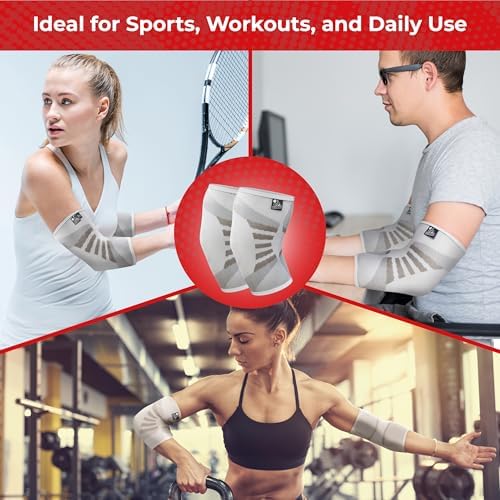 Elbow Compression Sleeves (1 Pair) - Elbow Brace for Tendonitis, Tennis & Golfers Elbow - Weightlifting Support for Men & Women - Pain Relief & Joint Recovery (2, Frost White, Small)