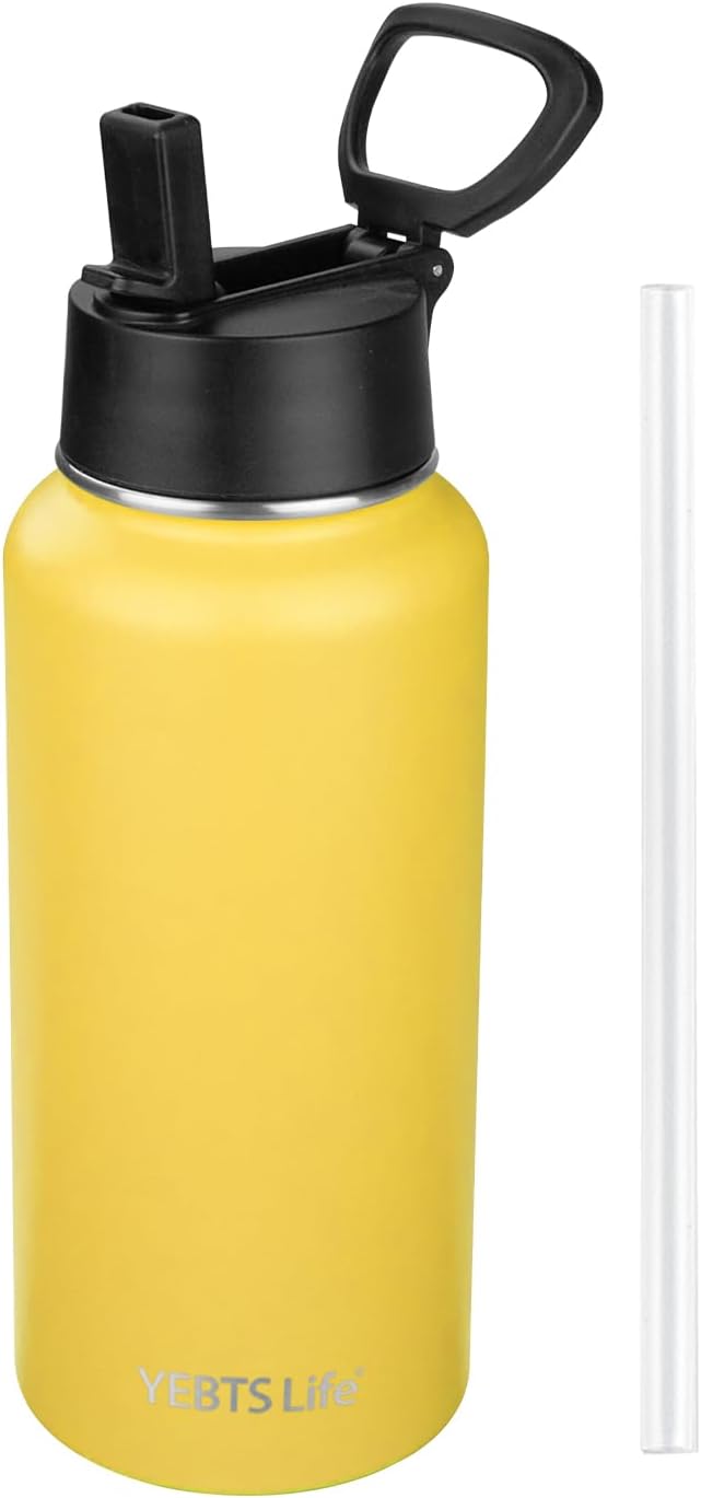Insulated Water Bottle With Straw,32 oz Vacuum Insulated Stainless Steel Sports Water Flask,Keeps Cold and Hot,Metal Water Bottle Wide Mouth for Gym Travel Camping (Yellow)