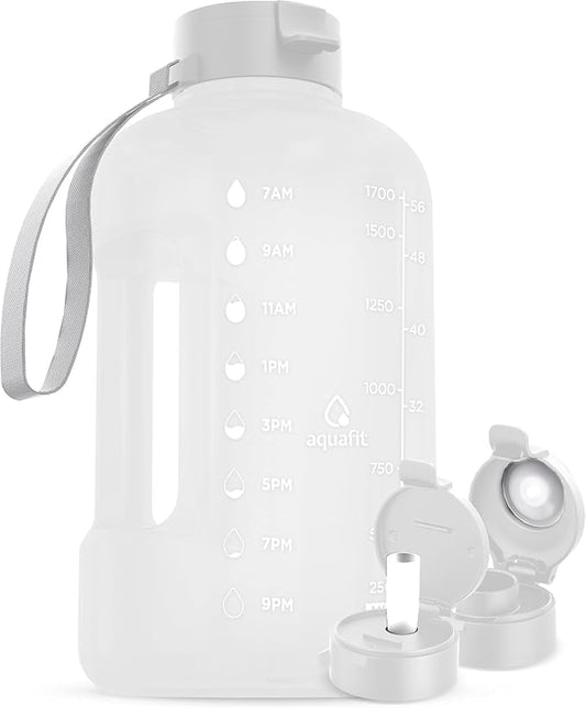 AQUAFIT Half Gallon Water Bottle with Time Marker | BPA Free Half Gallon Water Bottle with Straw and Chug Lids - Leakproof Gym Water Bottle with Carry Handle (Frosty)