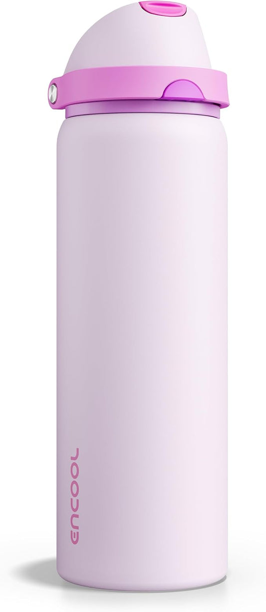 Insulated Water Bottle with Straw - Encool Stainless Steel Water Bottle with Push Button Lid, Leak-Proof & BPA-Free, Keeps Cold for 24 Hours for Sports, Travel, Gym (32 oz, Thistle-Fuchsia)