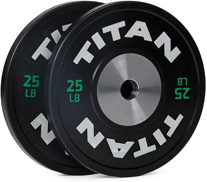 Titan Fitness Elite Competition Bumper Plate, Color-Coded Weight Indicators, Olympic Weight Plate, Low Bounce Rubber Exterior with Steel Core