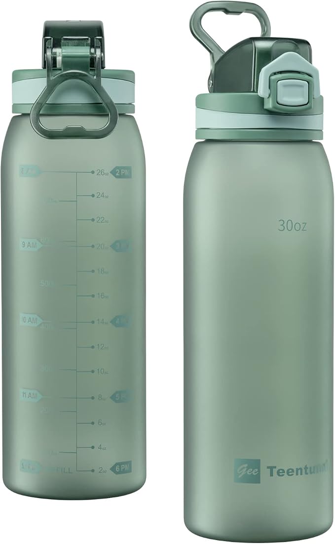 Time Marker Water Bottle 30 oz with Push Button Motivational Measurement Marker, Reusable Tritan Plastic Water Jug for Workout Sport Travel Water Tracker (Pack of 1)