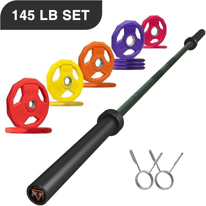 7FT Olympic Barbell Bar with Weight Plate Set Combo, Solid Olympic Bar with Bearings, 700Lbs Capacity Weight Bar for Home Gym Strength Training, Weightlifting, Powerlifting, Fit for 2" Olympic Plates