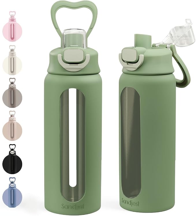 SANDJEST Glass Water Bottle with Silicone Sleeve 24oz with Lid, Motivational Time Marker, Drinking Hydration Glass Bottles for Men Women, Gym Travel Sports (Matcha)