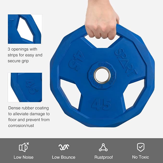 SPART Color Coded Weight Plate 2-Inch Rubber Coated Olympic Grip Plate for Barbell, Solid Cast Iron Weight Plates for Strength Training, Weightlifting, Crossfit, Home Gym, 2.5LB/5LB/10LB/25LB/35LB/45LB, Pair