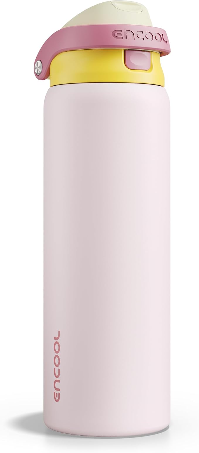 ENCOOL Leakproof Insulated Water Bottle with Straw Dual-Sip Water Bottle Bag-Safe Design for Work, Commute & Gym – Keeps Drinks Cold All Day, 32 oz, Blush Pink