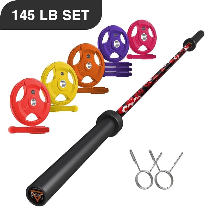 7FT Olympic Barbell Bar with Weight Plate Set Combo, Solid Olympic Bar with Bearings, 700Lbs Capacity Weight Bar for Home Gym Strength Training, Weightlifting, Powerlifting, Fit for 2" Olympic Plates