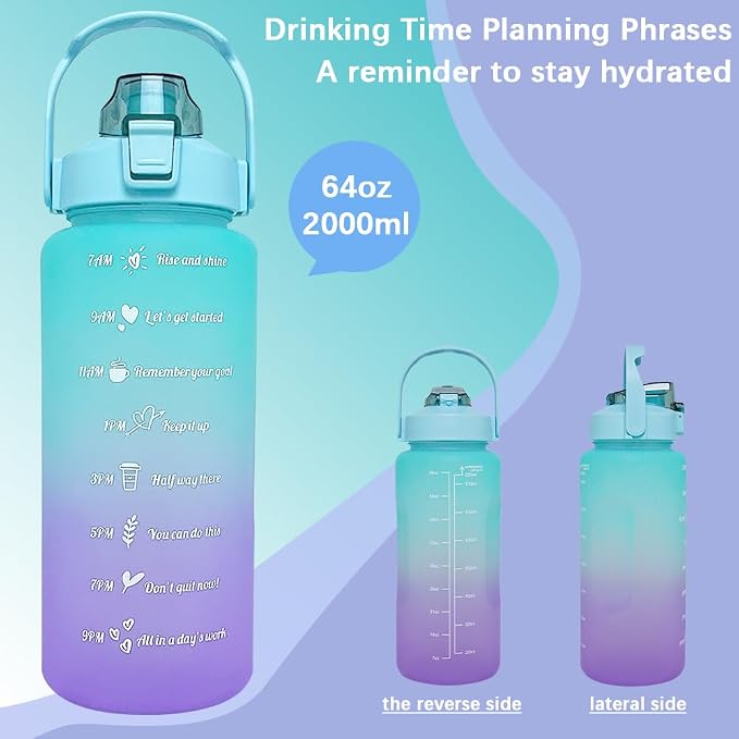 64 oz Large Capacity Water Bottle with Motivational Time Markers and Straw, Portable, Leakproof, BPA Free for Fitness, Gym and Outdoor Sports. (green gradient)