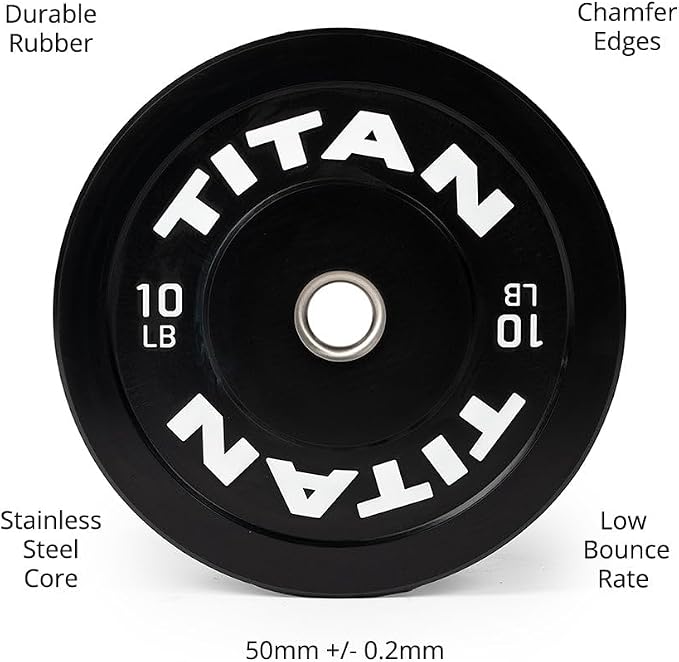 Titan Fitness Economy Series Black Olympic Bumper Plates, Durable Rubber Exterior with Steel Core, Weightlifting and Strength Training Weight Plate