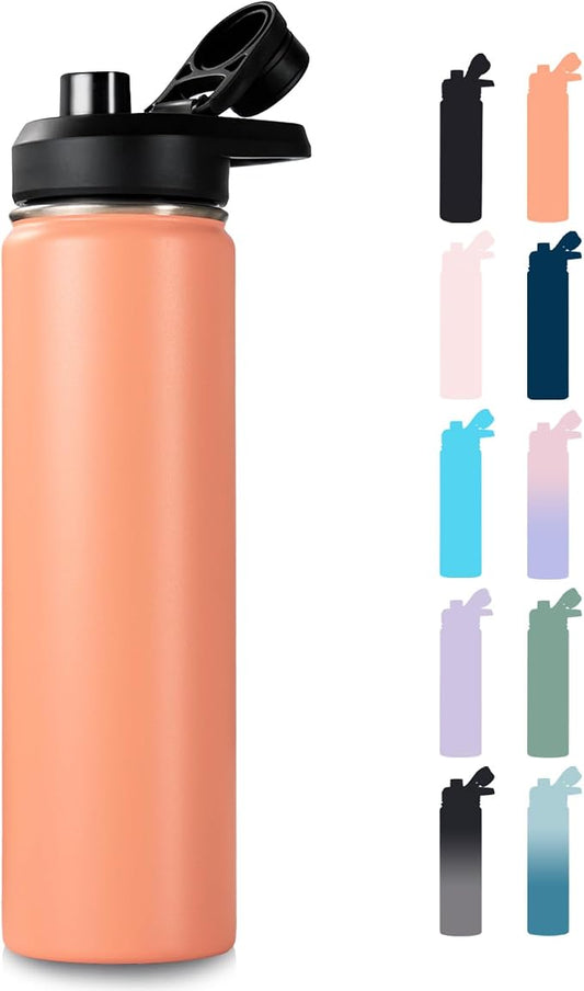 Fijinhom Insulated Water Bottle with Handle, 304 Stainless Steel Water Bottles with Wide Mouth, Double Wall Vacuum Sports Water Bottle, BPA Free, Keep Cold and Hot, 24 Ounces, Coral