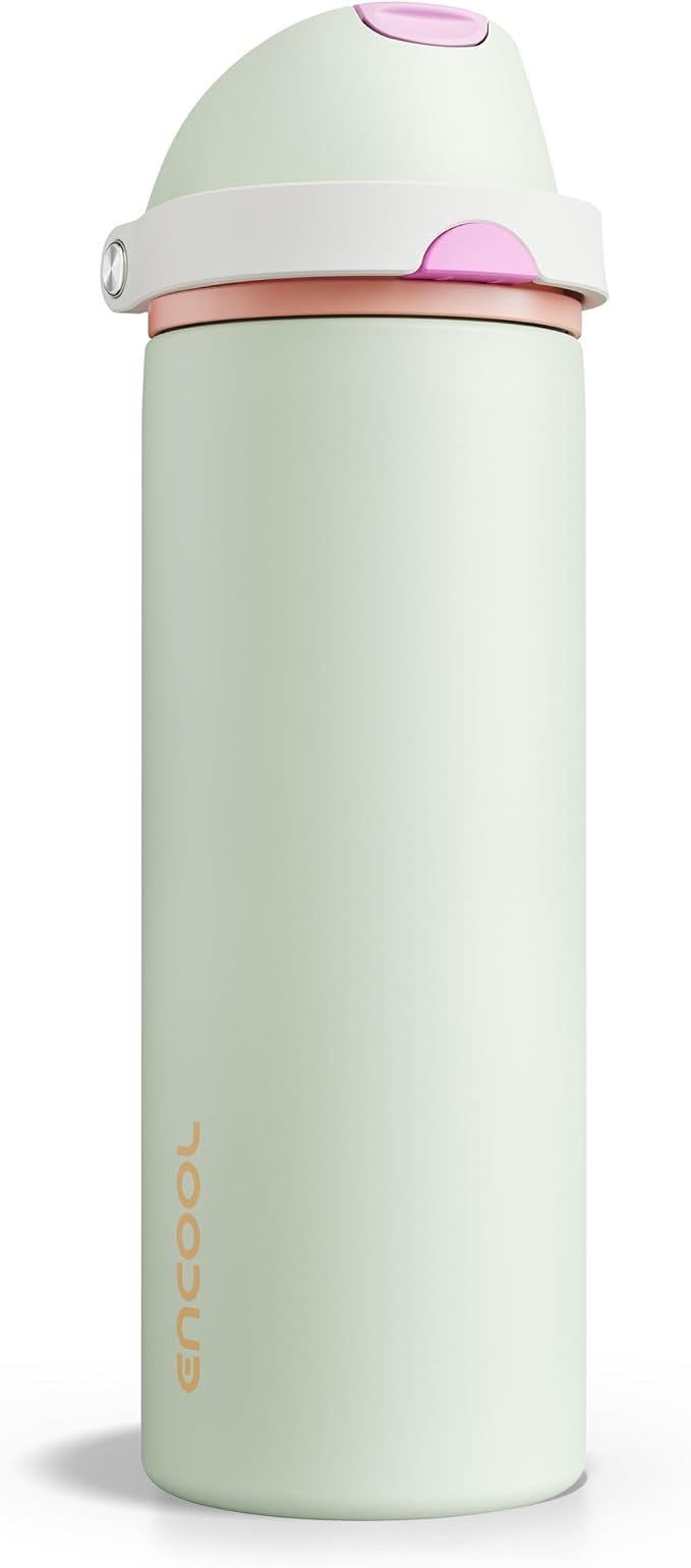 Insulated Water Bottle with Straw - Encool Stainless Steel Water Bottle with Push Button Lid, Leak-Proof & BPA-Free, Keeps Cold for 24 Hours for Sports, Travel, Gym (24 oz, Geyser Green)