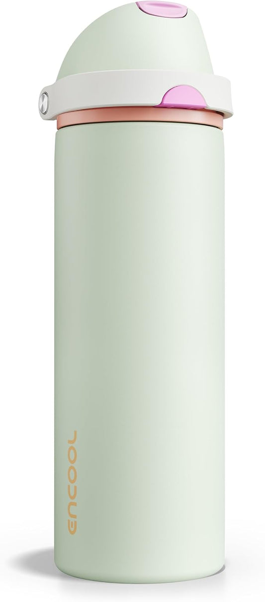 Insulated Water Bottle with Straw - Encool Stainless Steel Water Bottle with Push Button Lid, Leak-Proof & BPA-Free, Keeps Cold for 24 Hours for Sports, Travel, Gym (24 oz, Geyser Green)