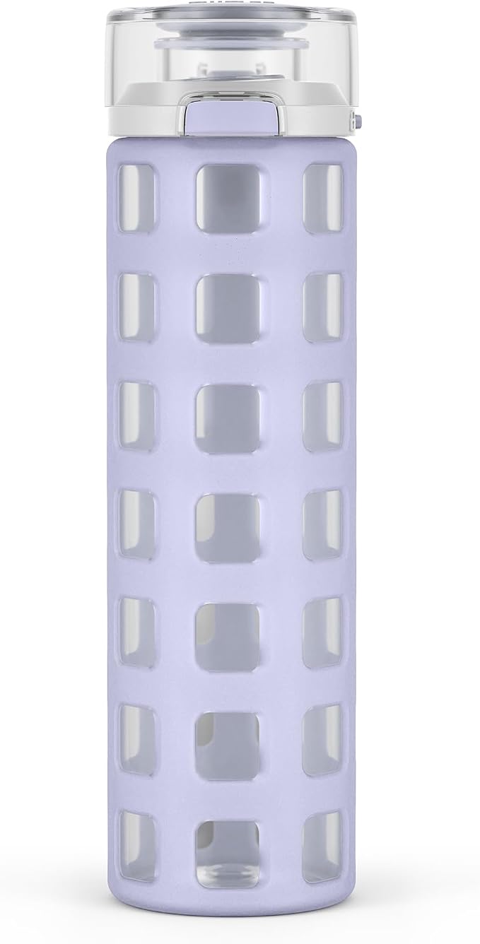 Ello Syndicate 20oz Glass Water Bottle with Flip Lid and Sleeve, Celeste | Glass water bottle for iced drinks with leakproof flip lid, silicone sleeve, carry loop, BPA-free, and dishwasher safe