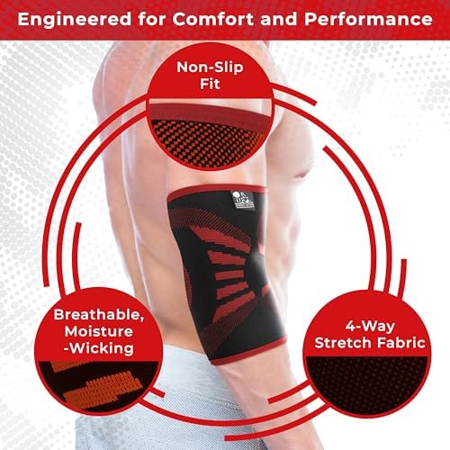 Elbow Compression Sleeves (1 Pair) - Elbow Brace for Tendonitis, Tennis & Golfers Elbow - Weightlifting Support for Men & Women - Pain Relief & Joint Recovery (2, Inferno Red, Medium)