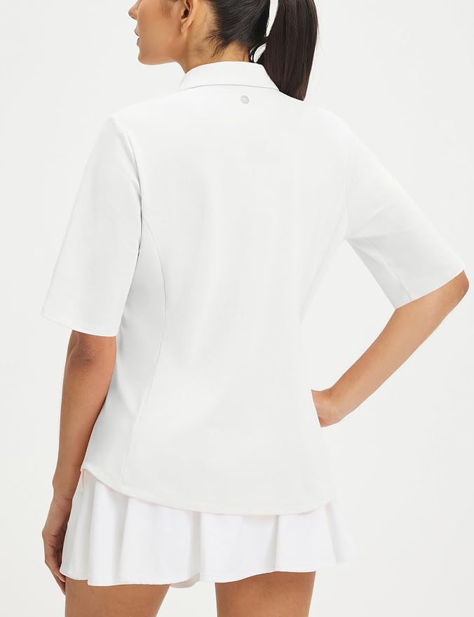 baleaf Womens Golf Shirts Half Sleeve Elbow Length Polo Tops | Stretch, Sun Protection UPF 50+, Quick Dry, Breathable, Moisture Wicking, Quarter Zip V Neck, Ideal for Golf Work Casual