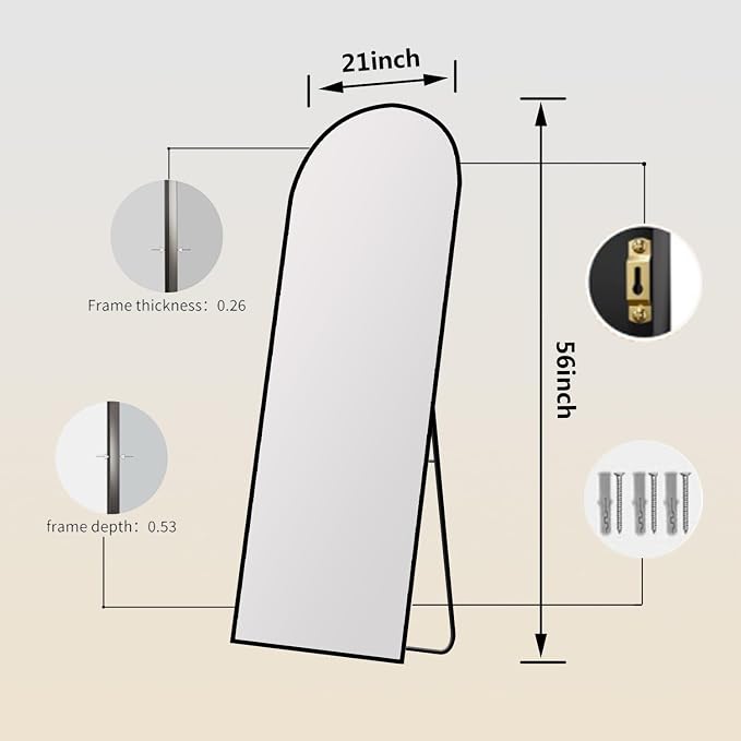 Arched Full Length Mirror 56"x21" Gold | Aluminum Frame Shatterproof Glass, Freestanding Leaning Wall Mounted Mirror for Bedroom Living Room Entryway, Modern