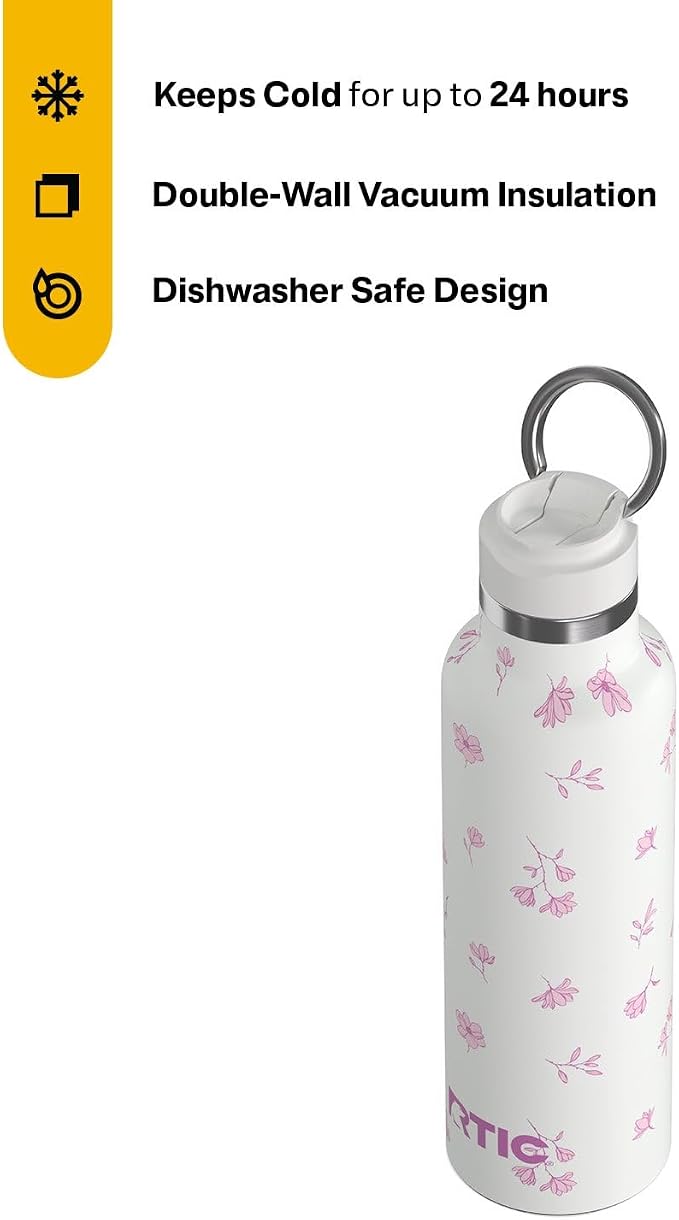 RTIC 20oz Journey Water Bottle Ceramic Lined Metal Stainless Steel Vacuum Insulated, BPA Free, Reusable, for Water, Hot and Cold Drinks, Travel, Sports, Camping, Pink Magnolias