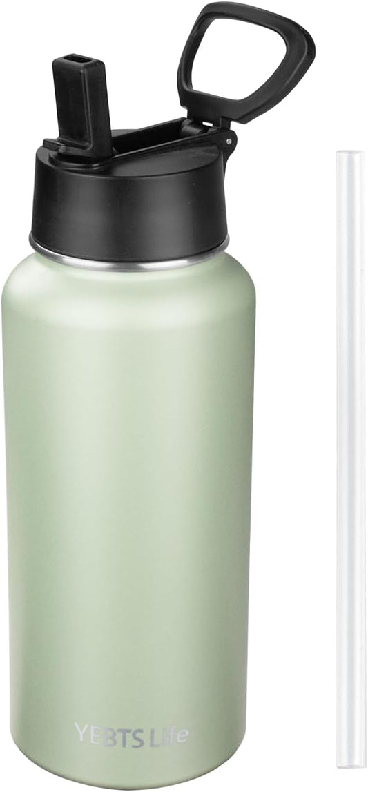 Insulated Water Bottle With Straw,32 oz Vacuum Insulated Stainless Steel Sports Water Flask,Keeps Cold and Hot,Metal Water Bottle Wide Mouth for Gym Travel Camping (Green tea)