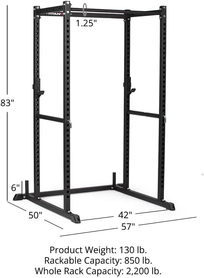Titan Fitness T-2 Series Short Power Rack, Skinny Pull Up Bar, Pin and Pipe Safeties, Standard J-Hooks, for Home Garage Gym Weightlifting and Strength Training