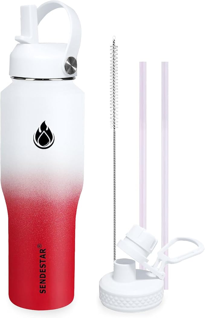 SENDESTAR 32oz Water Bottle Wide Mouth Stainless Steel Vacuum Insulated Double Wall with 2 Straw Lids Fit in Any Car Cup Holder