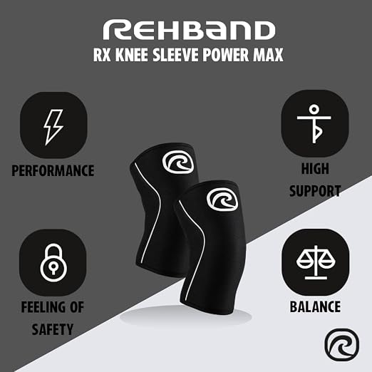 Rehband Rx Knee Sleeve Power Max, 1 piece, knee support 7mm neoprene, strongman, heavy lifting, longest knee sleeve, Colour:Black, Size:XS