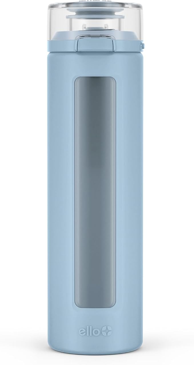 Ello Syndicate 20oz Glass Water Bottle with Flip Lid and Sleeve, Tech Blue | Glass water bottle for iced drinks with leakproof flip lid, silicone sleeve, carry loop, BPA-free, and dishwasher safe
