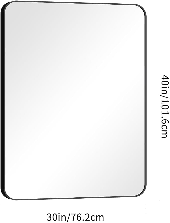 BONEWEI 30x40 inch Bathroom Mirror,Black Rectangle Mirror,Wall Mounted Bathroom Frame Vanity Mirror with Round Corner for Bedroom Living Room, Entryway Hangs Horizontal or Vertical