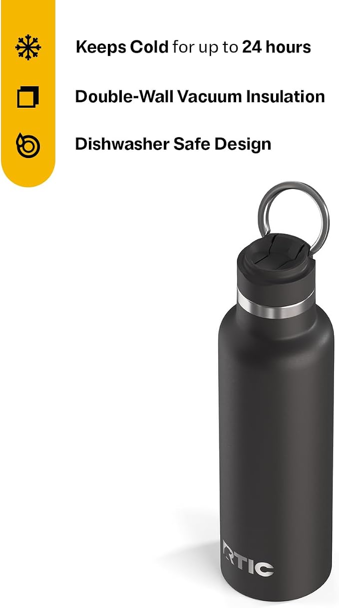 RTIC 20oz Journey Water Bottle, Ceramic Lined, Black | Stainless Steel Metal, Insulated for Hot and Cold Drinks, Sports, Travel and Camping