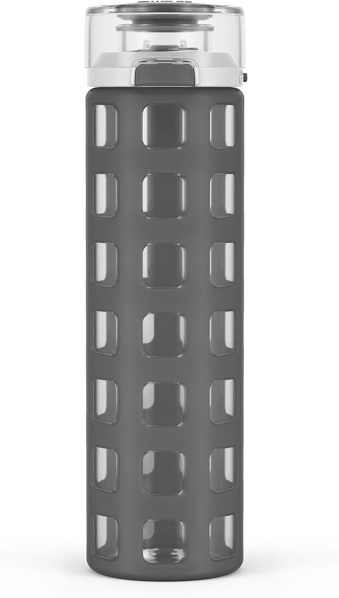 Ello Syndicate Glass Water Bottle with One-Touch Flip Lid, Grey , 20-ounce | Glass water bottle for iced drinks with leakproof flip lid, silicone sleeve, carry loop, BPA-free, and dishwasher safe