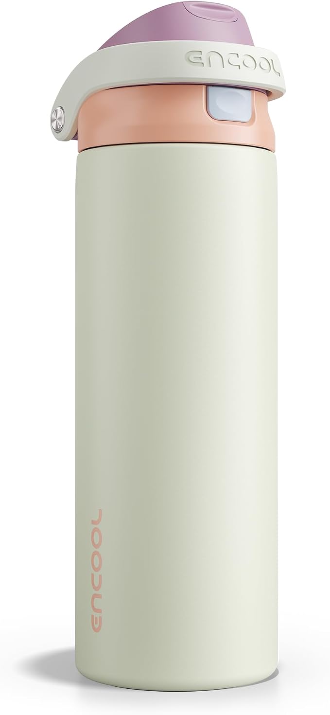 ENCOOL Leakproof Insulated Water Bottle with Straw Dual-Sip Water Bottle Bag-Safe Design for Work, Commute & Gym – Keeps Drinks Cold All Day, 24 oz, Sand Beige