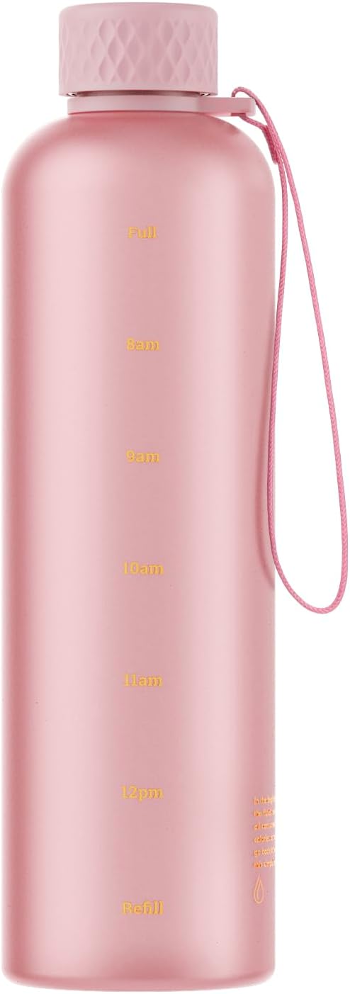 Sursip Slim Water Bottle 42 oz, Leakproof with Time Marker and Strap | Lightweight, BPA-free reusable plastic bottle fits cup holders and is dishwasher safe for gym, school, sports and travel.