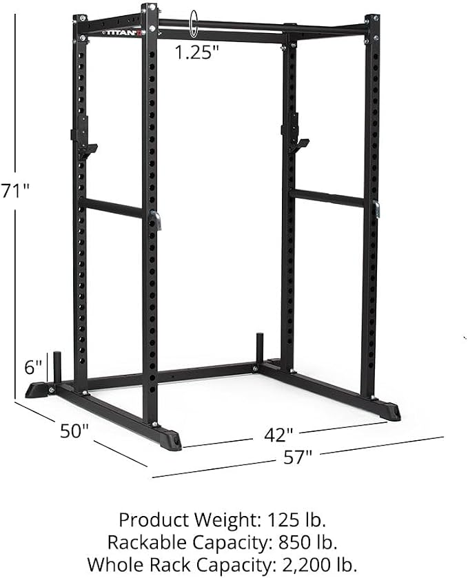 Titan Fitness T-2 Series Short Power Rack, Skinny Pull Up Bar, Pin and Pipe Safeties, Standard J-Hooks, for Home Garage Gym Weightlifting and Strength Training