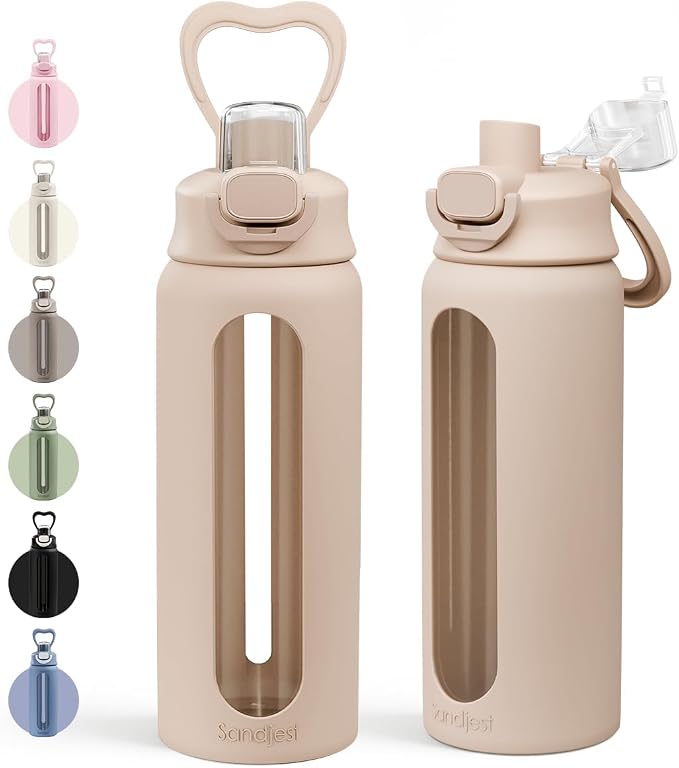 SANDJEST Glass Water Bottle with Silicone Sleeve 24oz with Lid, Motivational Time Marker, Drinking Hydration Glass Bottles for Men Women, Gym Travel Sports (Beige)