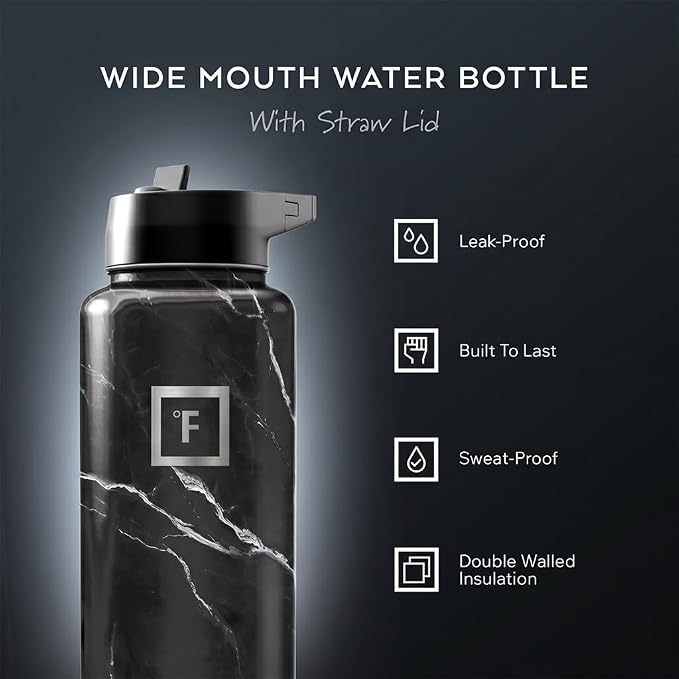 IRON °FLASK 40 oz Wide Mouth Water Bottle with 3 Lids | Insulated Stainless Steel Sports Water Bottle with 3 Leakproof Lids - BPA Free, Cold 24 Hrs, Sweat Free (Black Marquina)
