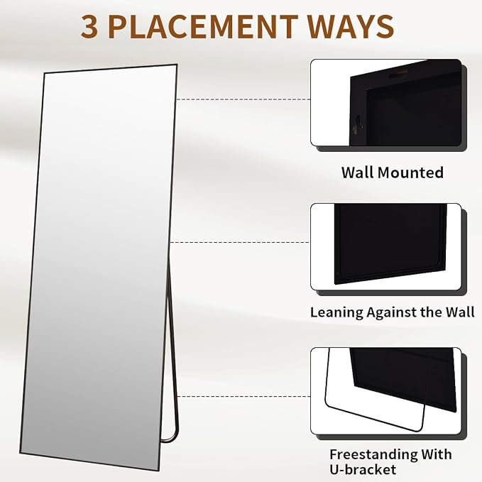 VooBang Mirror Full Length - 21" x 57" Floor Mirror with Stand Black | Aluminum Alloy Frame Full Body Dressing Mirror, Standing Hanging or Leaning Against Wall for Bedroom Living Room