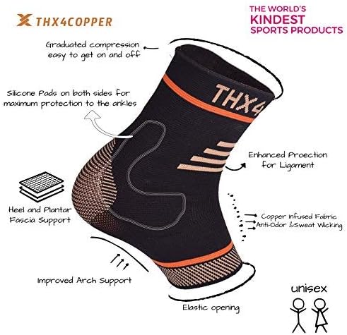THX4COPPER Infused Compression Ankle Brace, Plantar Fasciitis Socks for Arch Pain, Reduce Swelling & Heel Spurs, Ankle Support - Single