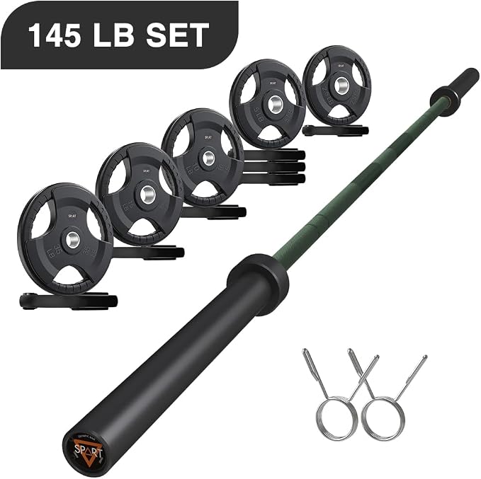 7FT Olympic Barbell Bar with Weight Plate Set Combo, Solid Olympic Bar with Bearings, 700Lbs Capacity Weight Bar for Home Gym Strength Training, Weightlifting, Powerlifting, Fit for 2" Olympic Plates