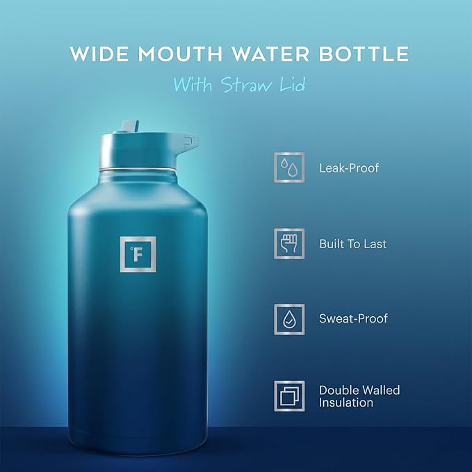 IRON °FLASK 64 oz Wide Mouth Water Bottle with Straw | Insulated Half Gallon Water Bottle with Leakproof Straw Lid - BPA Free, Cold 24 Hrs, Sweat Free (Dark Night)