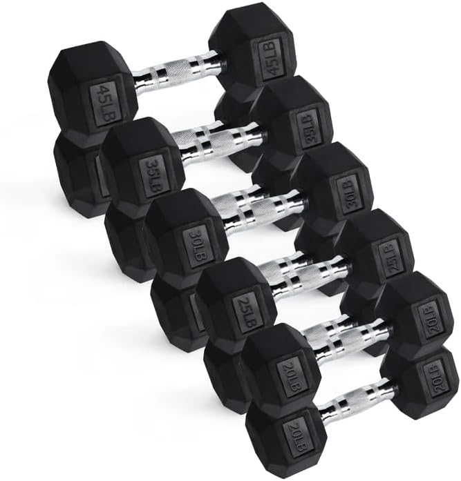 RitFit Rubber Hex Dumbbell Set with Storage Weight Rack | Rubber Heavy-Duty Coated Cast Iron, Knurled Chrome Handle, Space-Saving Storage for Home Gym Strength Training