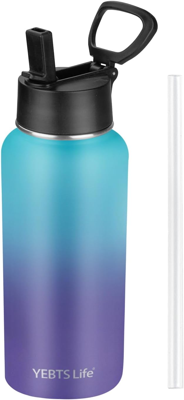 Insulated Water Bottle With Straw, 32 oz Vacuum Insulated Stainless Steel Sports Water Flask, Keeps Cold and Hot, Metal Water Bottle Wide Mouth for Gym Travel Camping (Blue & Purple)
