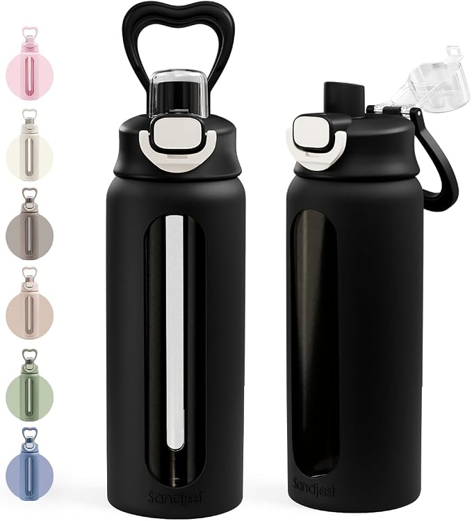 SANDJEST Glass Water Bottle with Silicone Sleeve 24oz with Lid, Motivational Time Marker, Drinking Hydration Glass Bottles for Men Women, Gym Travel Sports (Black)